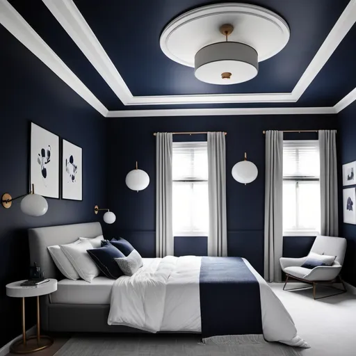 Prompt: a bedroom with all walls dark navy blue with a two layered light grey and white ceiling and white tiles