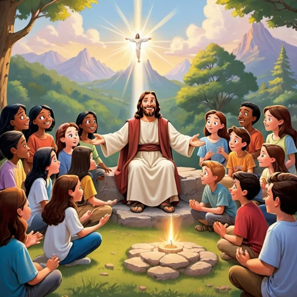 Prompt: Disney cartoon many childer and teenagers doing spiritual formation activity combined with outdoor recreation meet Lord Jesus and holy spirit