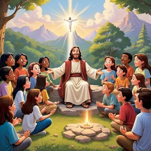 Prompt: Disney cartoon many childer and teenagers doing spiritual formation activity combined with outdoor recreation meet Lord Jesus and holy spirit