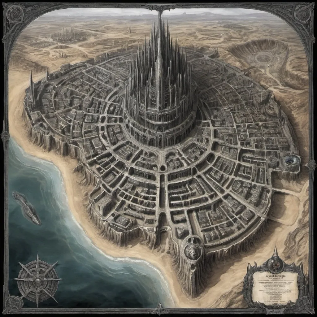 Prompt: Show mea map of the city of Lankhmar as if H. P. Lovecraft described it to the painter H. R. Giger.