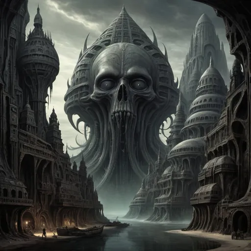 Prompt: Show me the city of Lankhmar as if H. P. Lovecraft described it to the painter H. R. Giger.