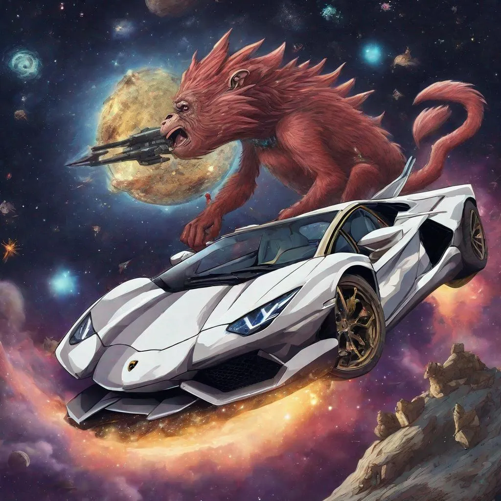 Prompt: a monkey driving a lamborghini and fighting a dragon in the milky way