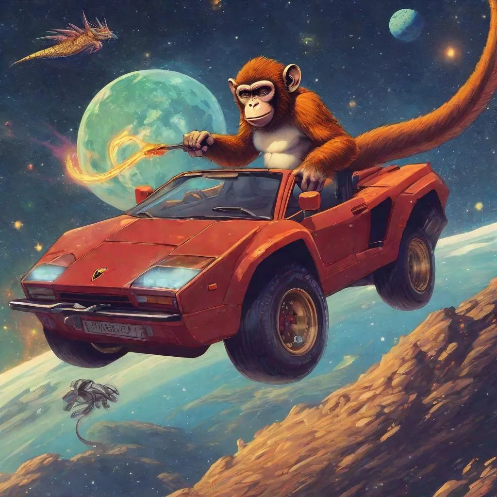 Prompt: a monkey driving a lamborghini and fighting a dragon in the milky way