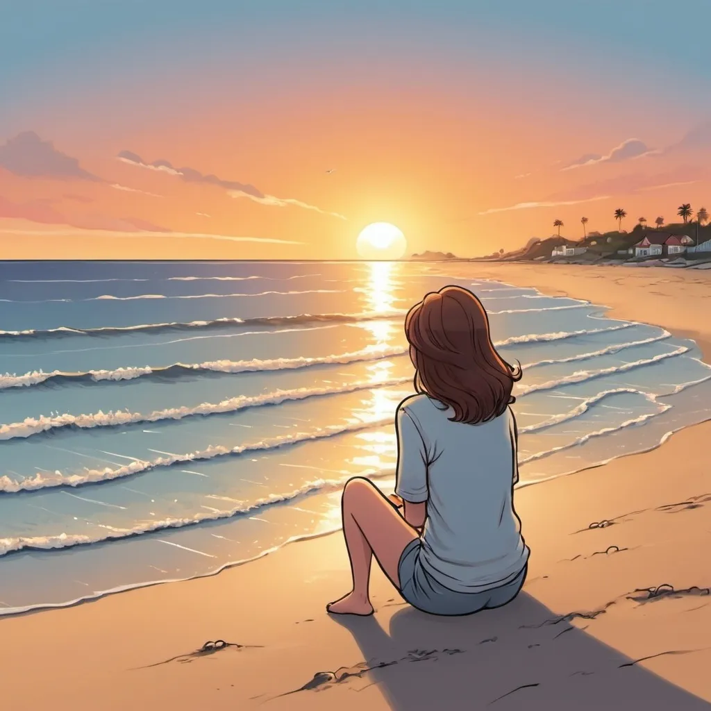 Prompt: Cartoon picture of a lady sitting on the beach watching the sunset with her back to the camera