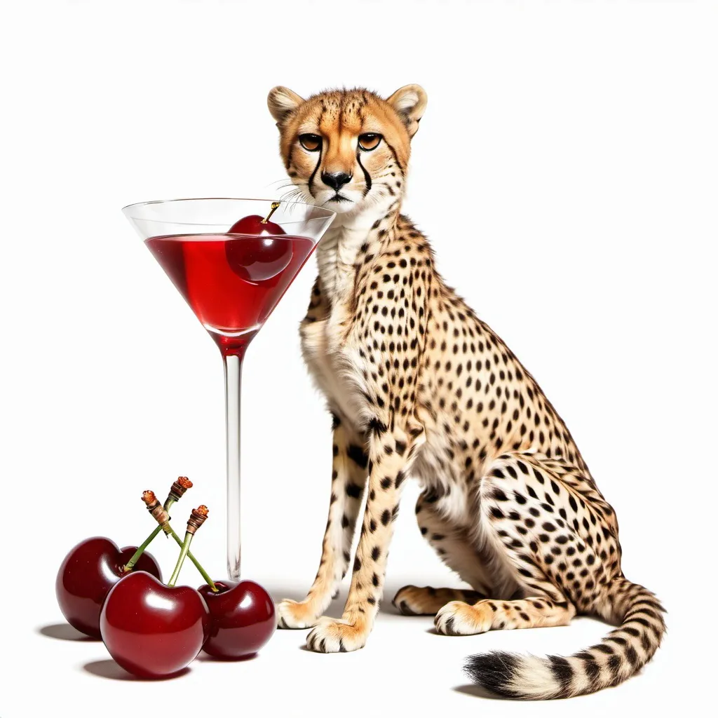 Prompt: a small cheetah thats laying next to large a cherry and large martini. vintage art style with a white background