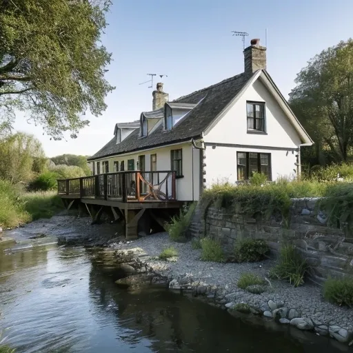 Prompt: q cottage by a river with a bridge over the river