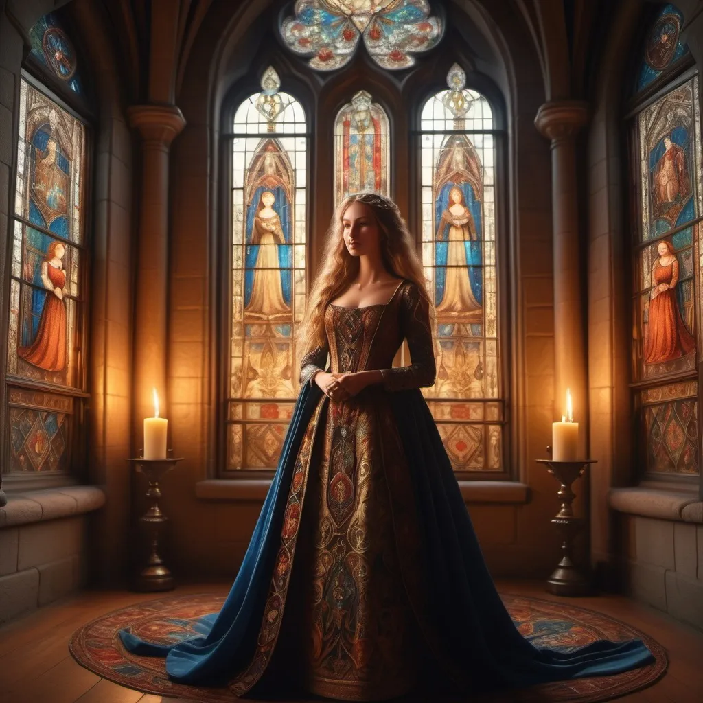 Prompt: medieval woman in castle room