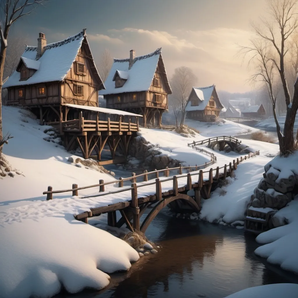 Prompt: small settlement, snow, bridge and river, dramatic fantasy settlement scene, cinematic lighting, style of leonardo da vinci