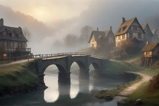 Prompt: small settlement, foggy, bridge and river, dramatic fantasy settlement scene, cinematic lighting, alma tadema