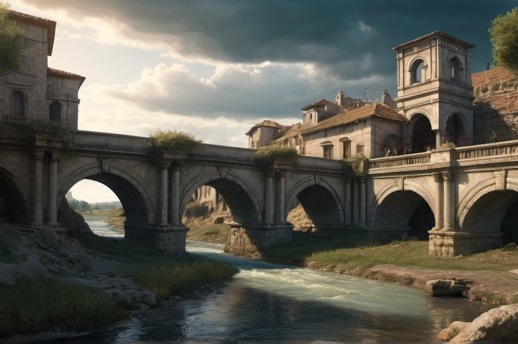 Prompt: small ancient roman, settlement, aunny, bridge and river, dramatic fantasy settlement scene, cinematic lighting, in the style of Lawrence Alma-Tadema