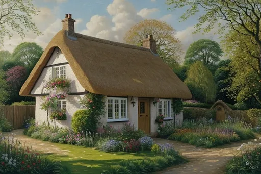 Prompt: a thatched cottage in a garden, colourful, oil painting