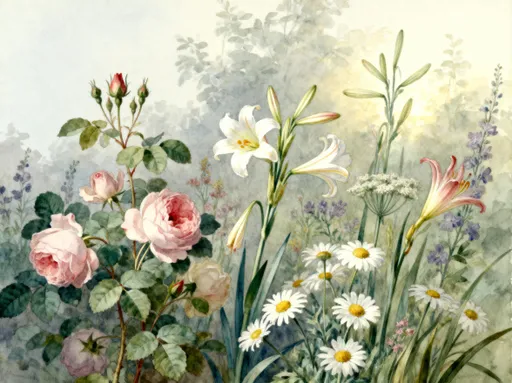 Prompt: flowers in a field, watercolour, style Pierre-Joseph Redouté 