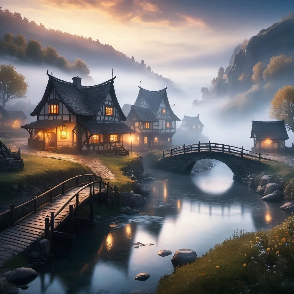 Prompt: small settlement, foggy, bridge and river, dramatic fantasy settlement scene, cinematic lighting