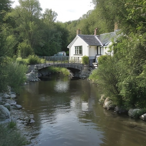 Prompt: q cottage by a river with a bridge over the river