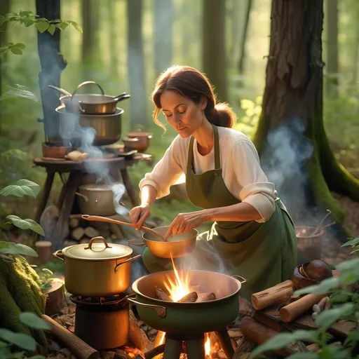 Prompt: (mother cooking in the woods), serene atmosphere, warm golden light, surrounded by lush greenery, detailed cooking utensils, soft smoke rising from a rustic pot, dappled sunlight filtering through leaves, enchanting forest backdrop, earthy tones, cozy vibe, nature sounds hinting in the background, ultra-detailed, 4K quality.