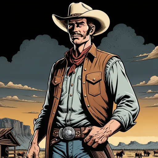 Prompt: Man cowboy, landfields, detailed, acient style colors, 3d shaded retro comic book, black Background