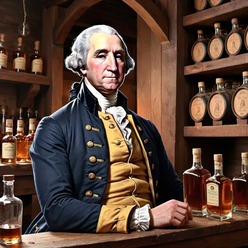 Prompt: Draw George Washington's profitable whiskey company and his happy face