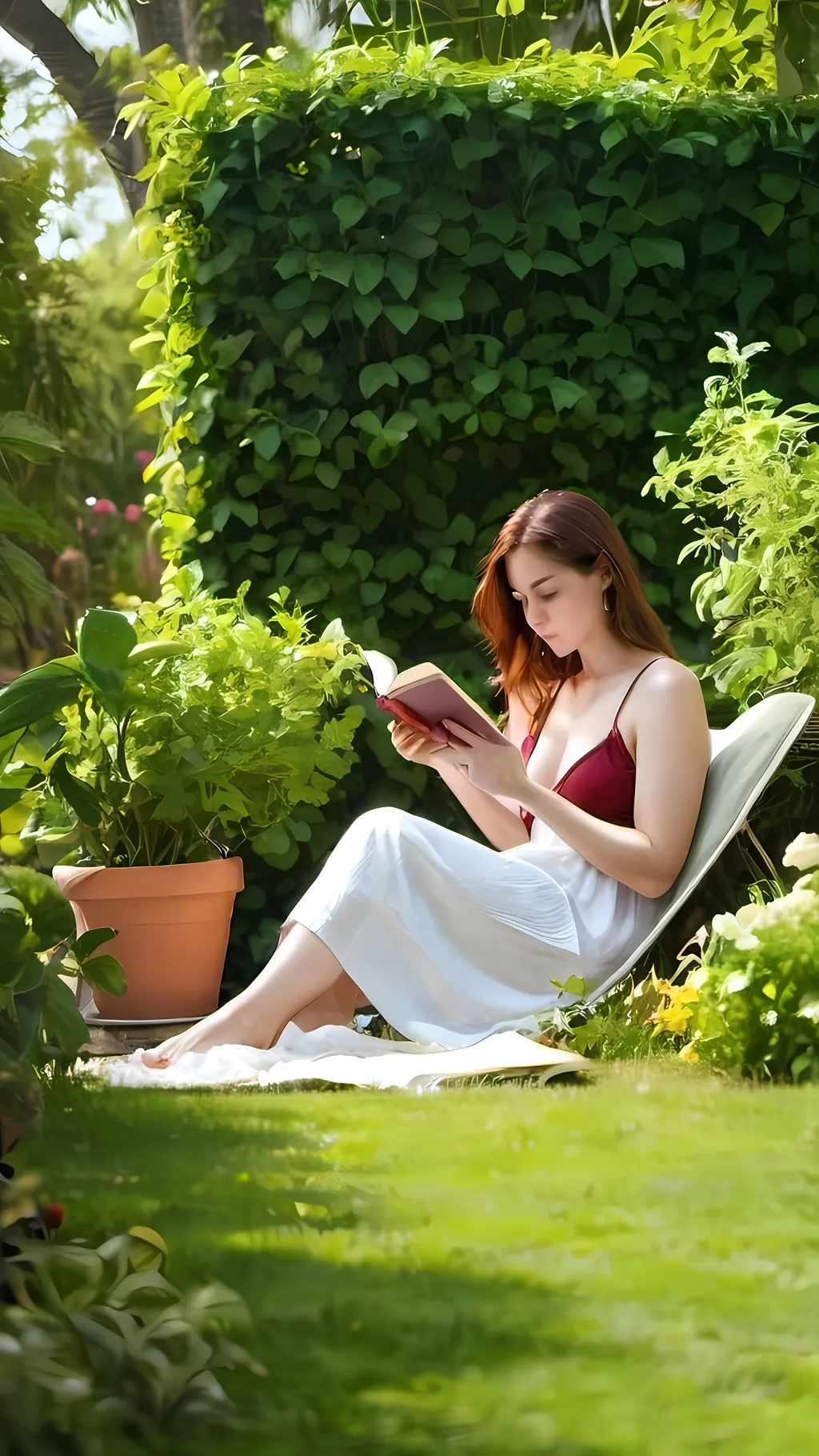 Prompt: A women reading book in garden with greenery all around