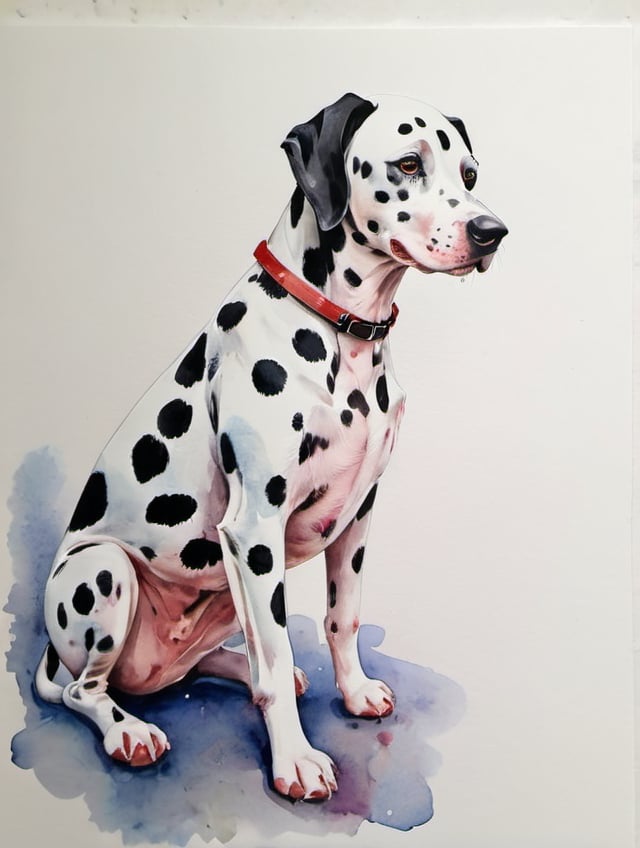 Prompt: A watercolour painting of a cute cartoon Dalmatian on white background