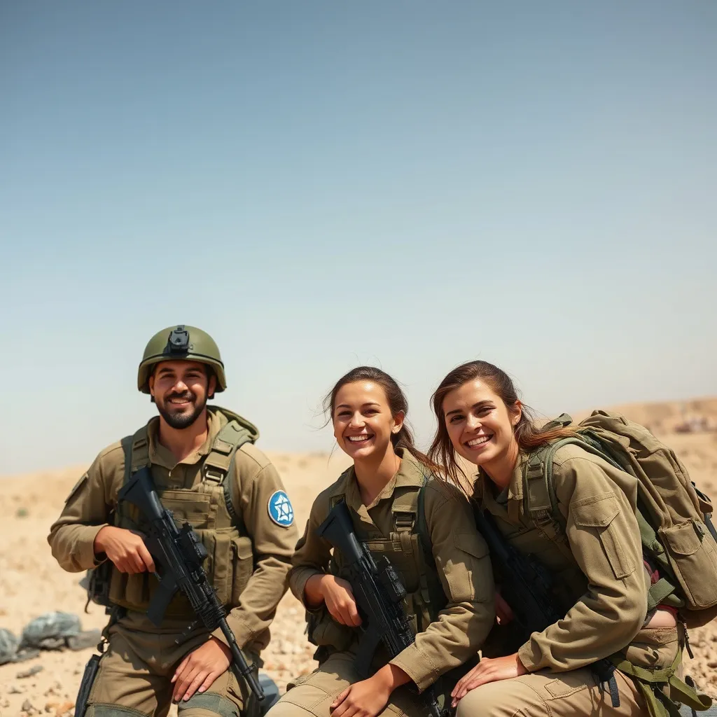 Prompt: a group of IDF male soldiers and female soldiers at the battle field, happy and smiling , taking a break from fighting.
