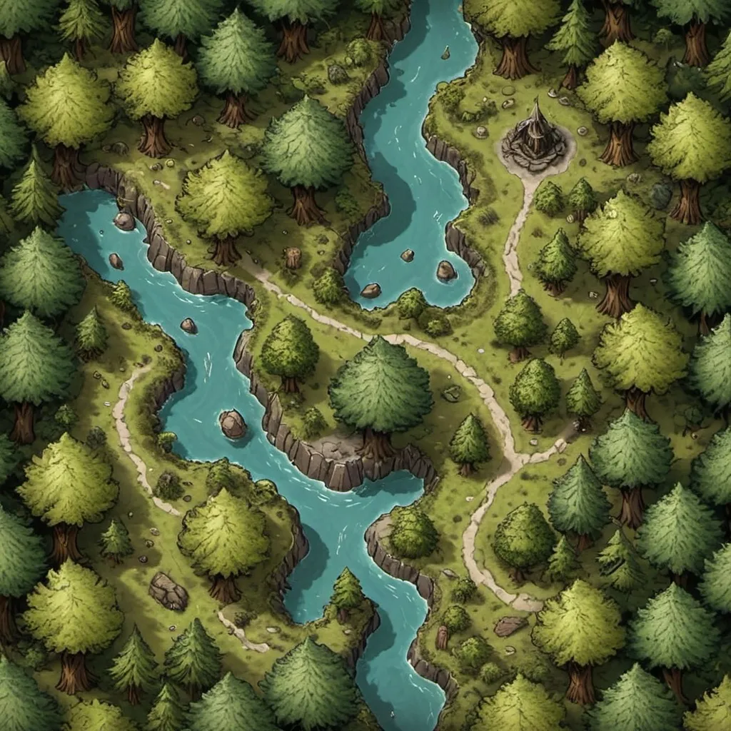 Prompt: A top-down map of a forest, 2d dnd battlemap, highly details, 8k