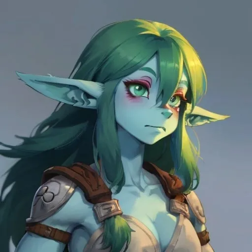 Prompt: Female pretty firbolg from dnd, droopy ears, pale blue furred skin, green eyes, long red hair
