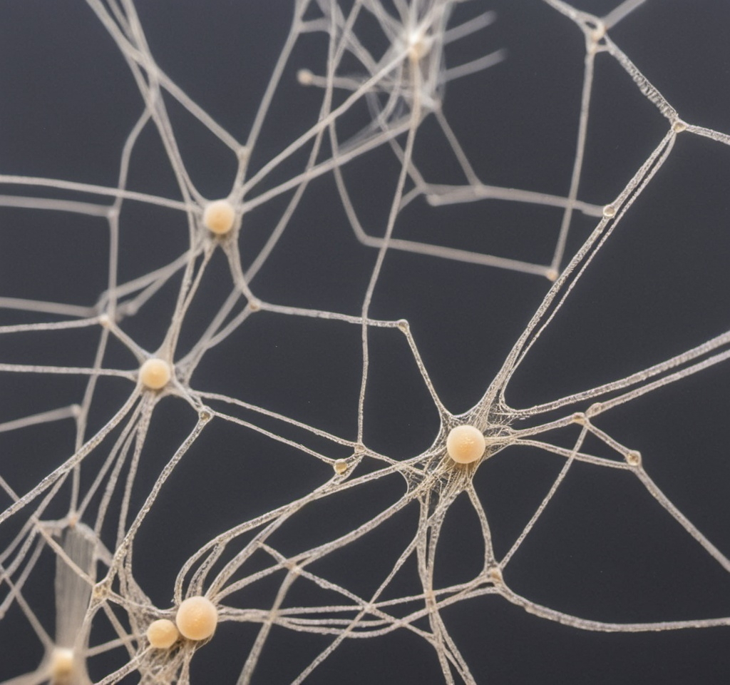 Prompt: Realistic photo of the bacteria Bacillus subtilis var. natto. covered in filaments of spider webs