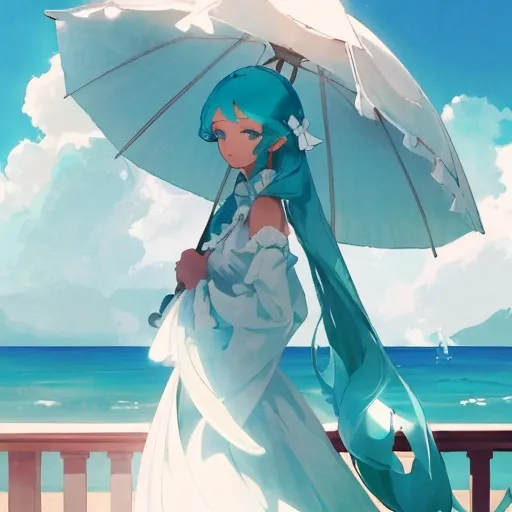 Prompt:  A woman in a white dress and a white parasol climbed onto the deck.  As the cool sea breeze slightly lifted the parasol, turquoise hair emerged.