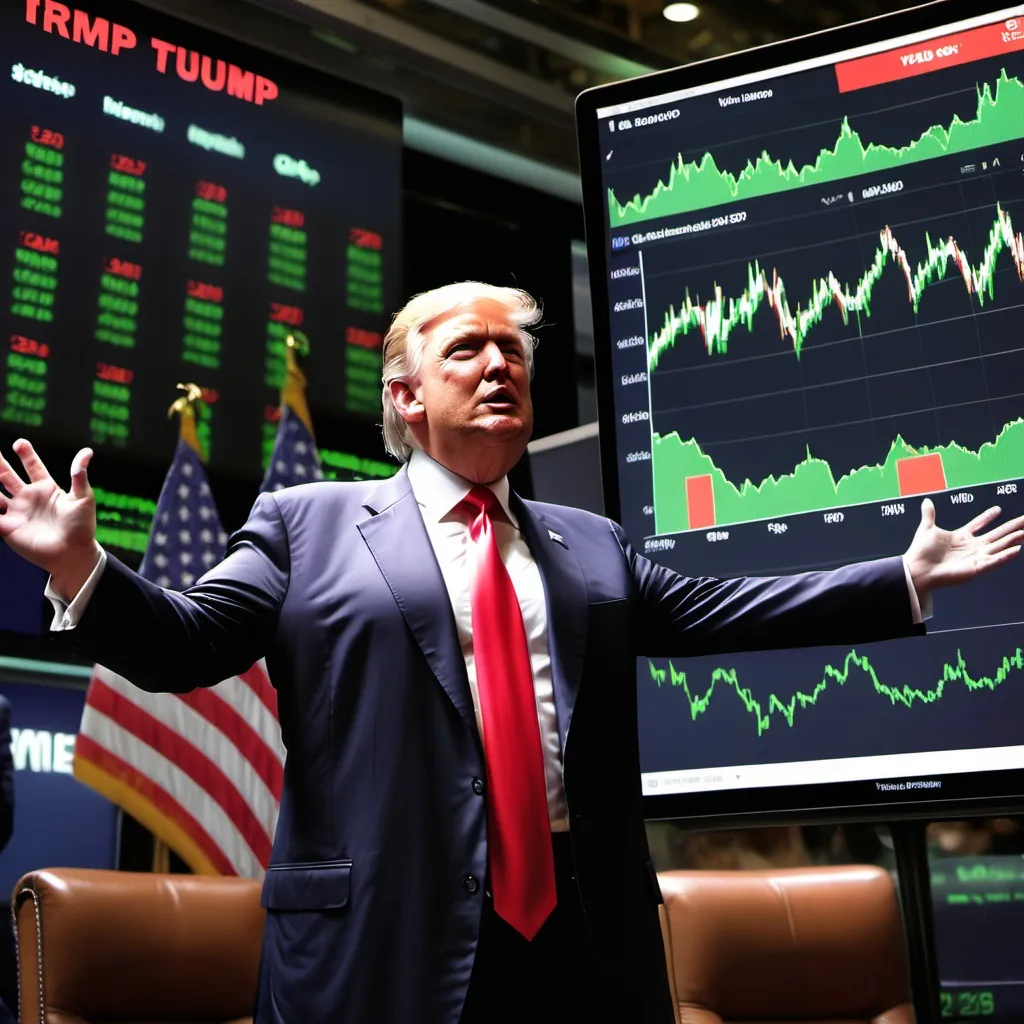 Prompt: Donald Trump's stock going up. Make the image bright, and appealing as a thumbnail for a Youtube video