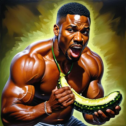 Prompt: Strong black man eating a really big pickle, realistic oil painting, detailed muscles, intense expression, high quality, realistic, vibrant colors, dramatic lighting