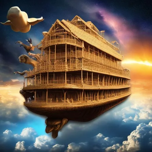 Prompt: 4k ultra hd Noah’s ark flying in the sky