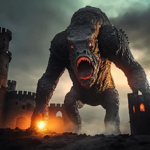 Prompt: 4k ultra hd medieval monster  rising out from Under a medieval castle