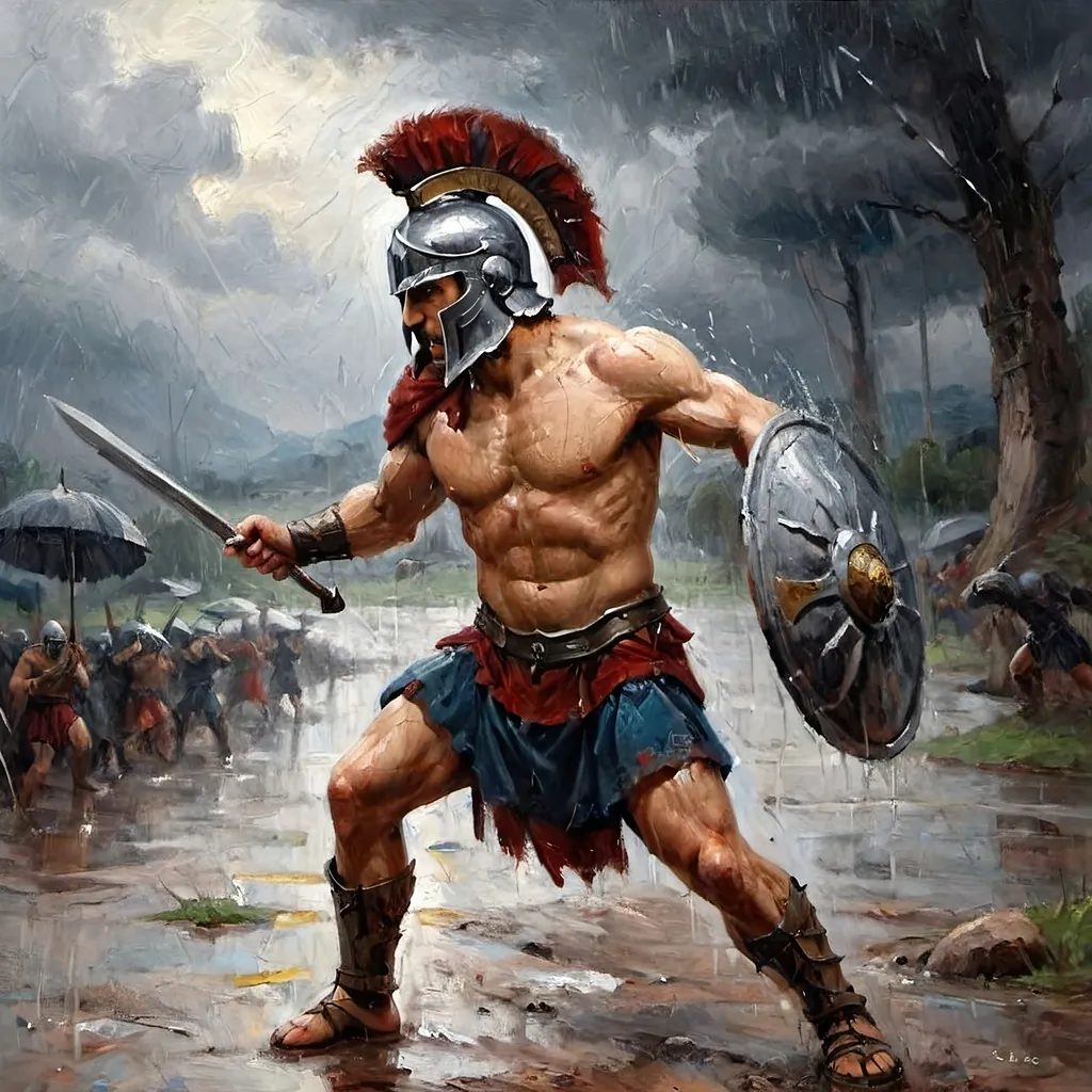 Prompt: A STOIC SPARTAN WARRIOR IS FIGHTING IN THE RAIN 