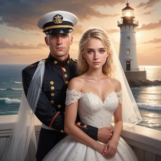 Prompt: Marine captain with blue eyes in formal uniform, blonde girl, brown eyes, in a wedding dress, lighthouse and ocean background, high quality, realistic, romantic, elegant lighting, detailed facial features, bridal gown, military uniform, love story, ocean view, detailed eyes, formal attire, romantic atmosphere