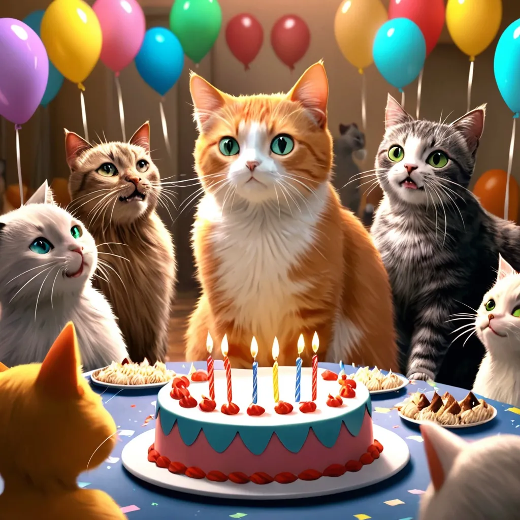 Prompt: A movie where a cat is having a birthday party and is surrounded by animals in a beautiful atmosphere