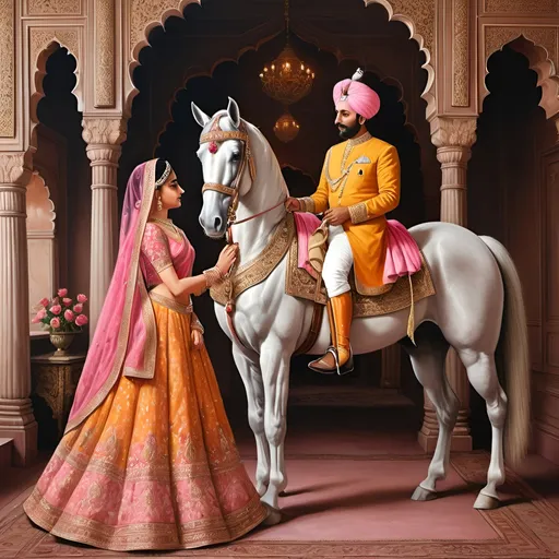 Prompt: 3d painting of maharaja Ranjeet Singh and maharani, Maharni giving him a goodbye rose,  Romantic conversation, historical masterpiece, intricate details, opulent colors, royal attire, majestic horse, high quality, detailed brushwork, a regal ambiance, exquisite textures, dramatic composition