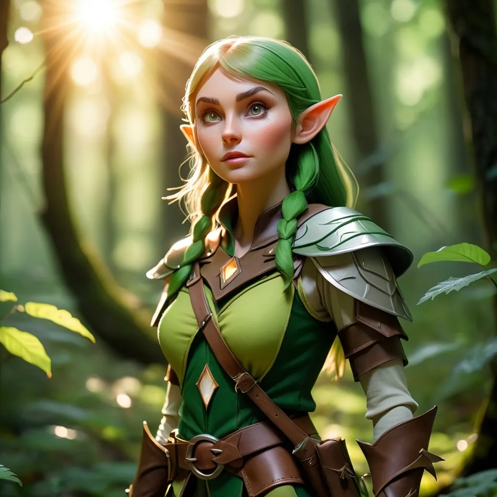 Prompt: Elf ranger in a mystical forest around sunlight