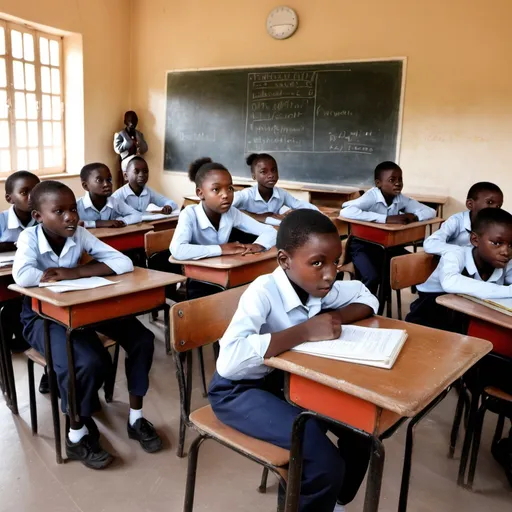 Prompt: Des enseignants africains en salle de classe réfléchissant sur les référentiels et les approches pédagogiques devant les élèves assis sur des tables bancs en face d'un tableau