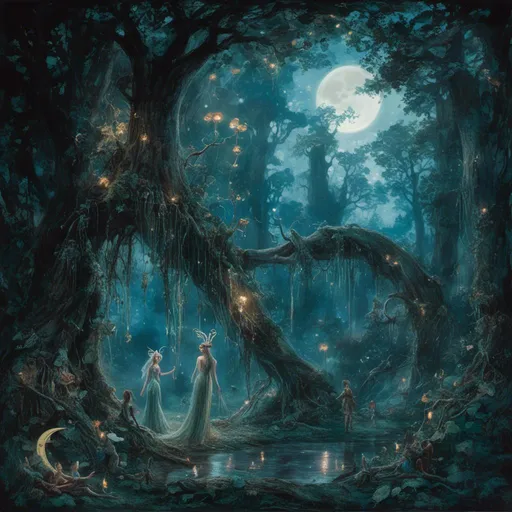 Prompt: <mymodel> a scene in a dark forest with two large trees in the forefront, with a bunch of vines entangled in them draping across the scenery. there is open space through the trees in the background where you can see the sky and a crescent moon. The Queen of Fairies and the Elf King are walking together. creepy vibes. add figures hiding behind the trees. and make a camoflauge face in a tree. darker blue colors
