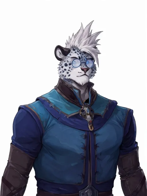 Prompt: Anthropomorphic Snow-leopard , dungeons & Dragons, sorcerer , sorcerer leather outfit, bulky, strong,  eyes, very large chested, morally grey looking, strong, very gargantuan pecs, outsized, large pecs, huge chest, wide chested, medieval college sorcerer uniform, round blue glasses on forehead, short spiky hair