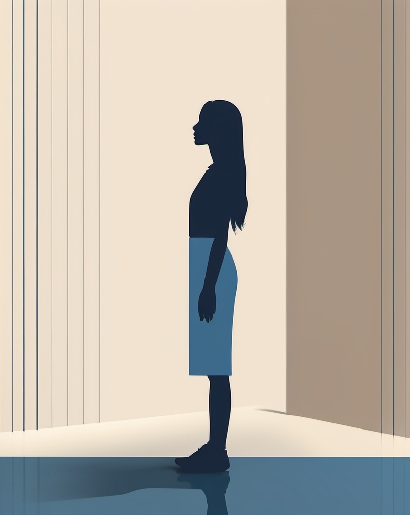 Prompt: woman (silhouette), minimalist design, standing against gradient background, (beige walls), (blue square), straight lines, flat composition, soft color tones, subtle contrasts, calm atmosphere, clean and crisp aesthetics, modern art concept, artistic simplicity, balanced spatial arrangement, high-quality rendering, (4K).