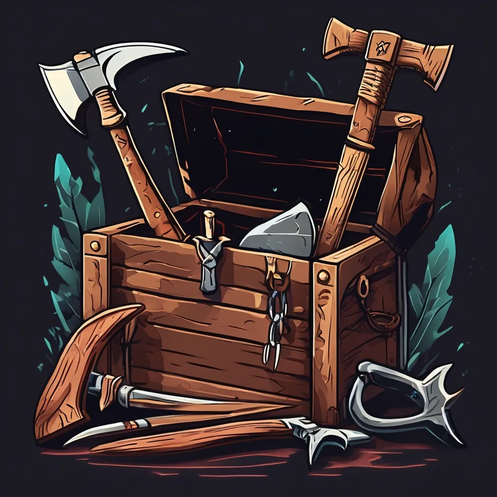 Prompt: A magical toolbox with an axe and a dagger