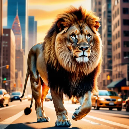 Prompt: majestic lion walking in a bustling cityscape, (vibrant colors), high detail fur textures, urban landscape with towering skyscrapers, warm golden evening light creating dynamic shadows, a blend of nature and architecture, dynamic energy in the atmosphere, vibrant city life around, (ultra-detailed), captivating scene combining grace of wildlife with the hustle of urban living.