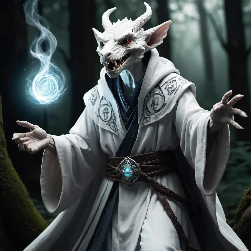 Prompt: White kobold wizard realistic fierce casting spell dark robes
