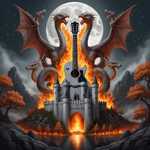 Prompt: Hydra with 8 heads flaming body playing guitar in a v shape on top of a medieval castle with a majestic forest around and in the sky falling silver meteors with the moon illuminating the gray night and the color of burning embers