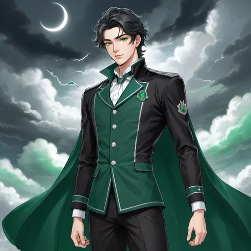 Prompt: He is a tall young man, over 6 feet tall. His hair is long and black as night, falling mysteriously on his shoulders. His eyes are shining emerald color, reflecting deep wisdom and a desire to explore the mystery. He wears the academy uniform elegantly, with emerald details that harmonize with the color of his eyes, He controls the element Air, its ability to control winds and storms, manhwa-style