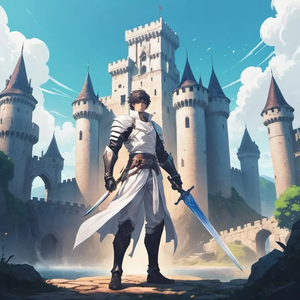 Prompt: a man in a white outfit holding a sword and a sword in his hand in front of a castle, Epsylon Point, rayonism, splash art, concept art,anime artstyle
