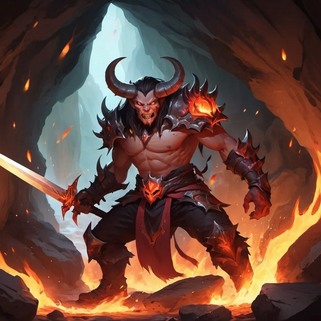 Prompt: a man holding a sword in a cave with flames and rocks in the background, with a demon like face on his face, Dom Qwek, dada, league of legends splash art, concept art,more detail XL