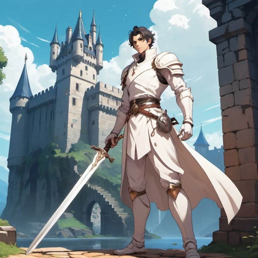 Prompt: a man in a white outfit holding a sword and a sword in his hand in front of a castle, Epsylon Point, rayonism, splash art, concept art,anime artstyle
