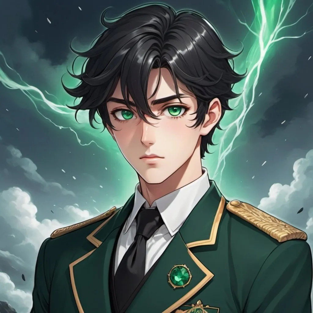 Prompt: He is a tall young man, over 6 feet tall. His hair is long and black as night, falling mysteriously on his shoulders. His eyes are shining emerald color, reflecting deep wisdom and a desire to explore the mystery. He wears the academy uniform elegantly, with emerald details that harmonize with the color of his eyes, He controls the element Air, its ability to control winds and storms, manhwa-style